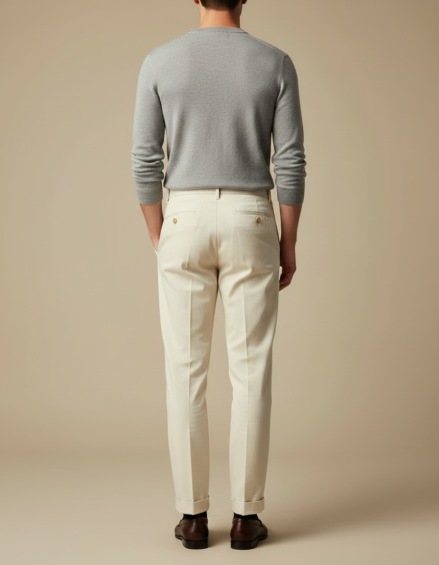 Pantalon Chino Crème Plissé Droit Élégant Homme - Beige Gabardine - vue 2