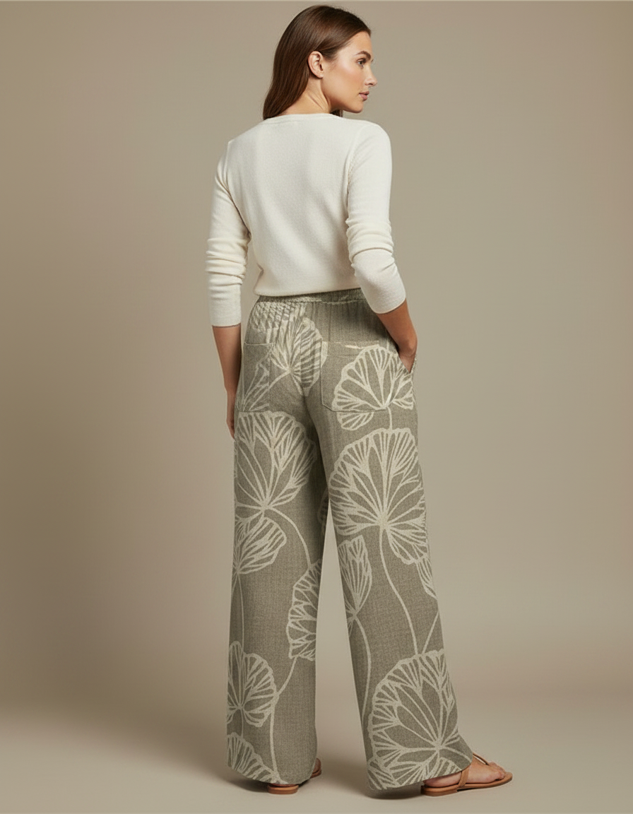 Pantalon Chino Large Imprimé Floral Beige Fluide - Kaki Lin - vue 2