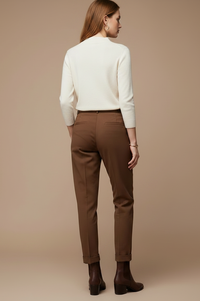 Pantalon Chino Marron Plissé Taille Haute Femme - Gabardine - vue 2