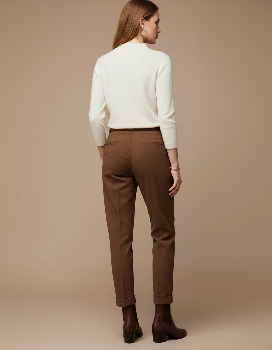 Pantalon Chino Marron Plissé Taille Haute Femme - Gabardine - vue 2