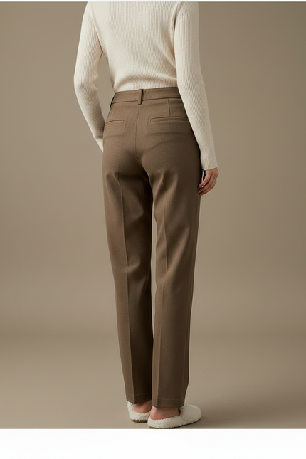 Pantalon Chino Marron Laine Droit Taille Haute Élégant - vue 2