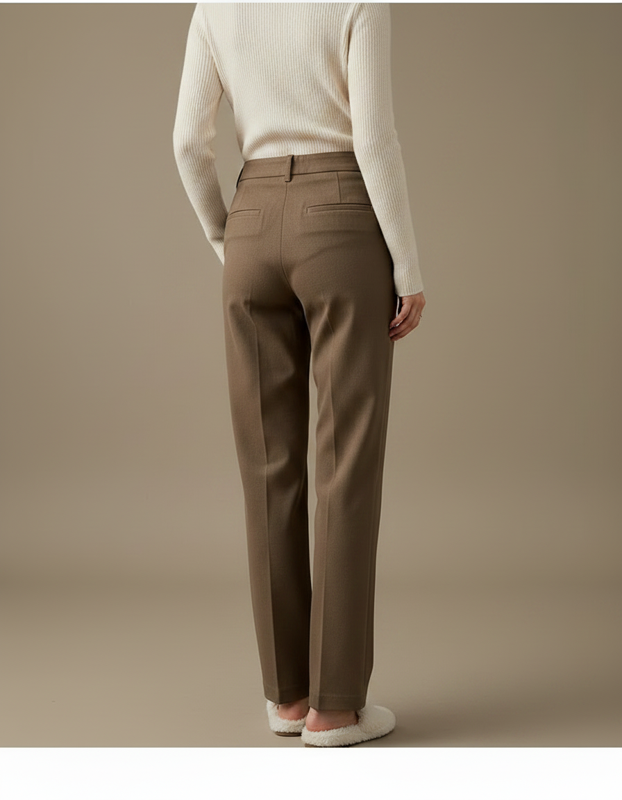 Pantalon Chino Marron Laine Droit Taille Haute Élégant - vue 2