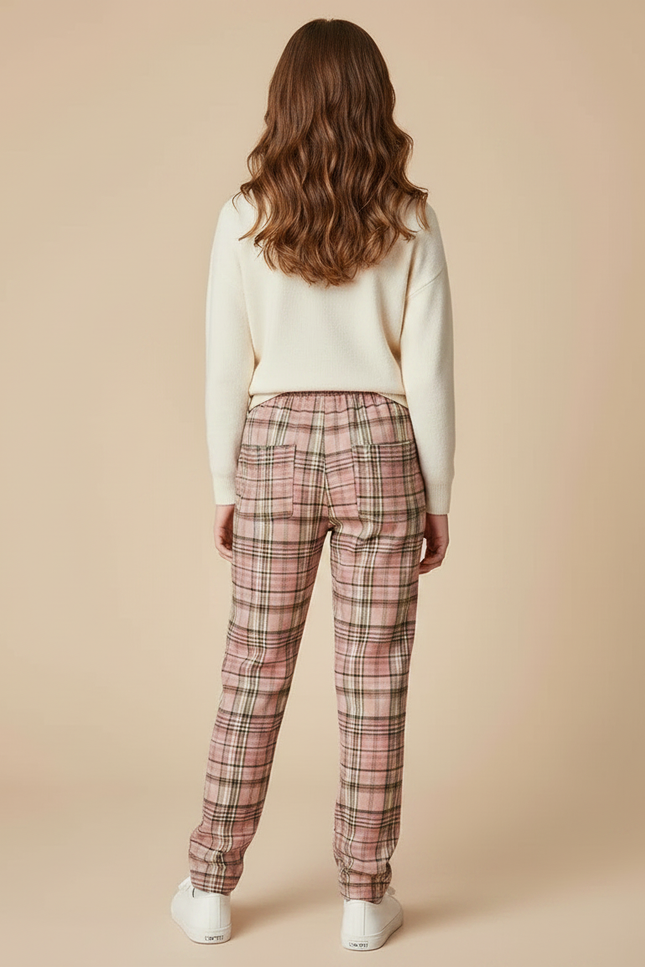Pantalon Chino Carreaux Rose Lâche Décontracté Fille - Coton - vue 2