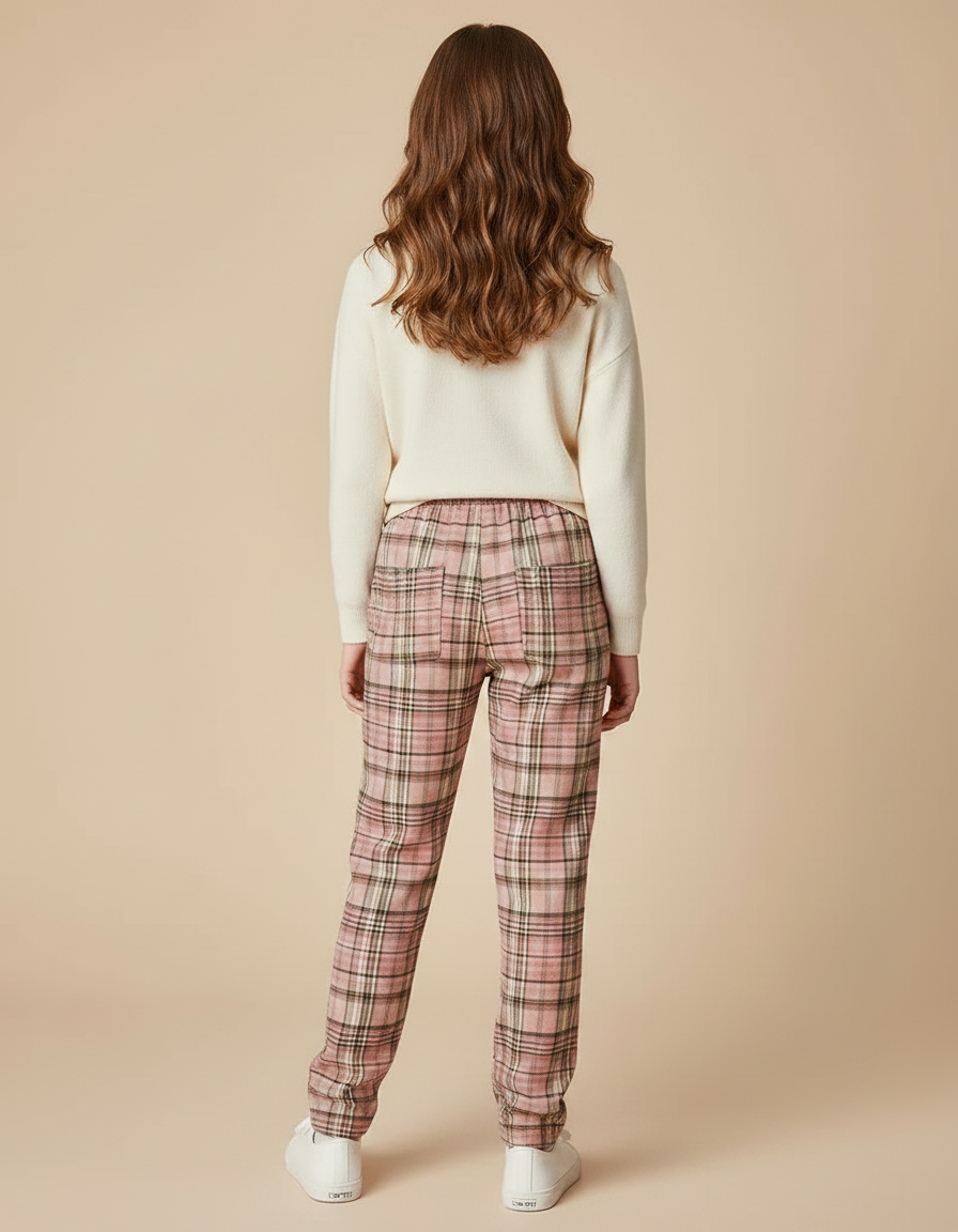 Pantalon Chino Carreaux Rose Lâche Décontracté Fille - Coton - vue 2