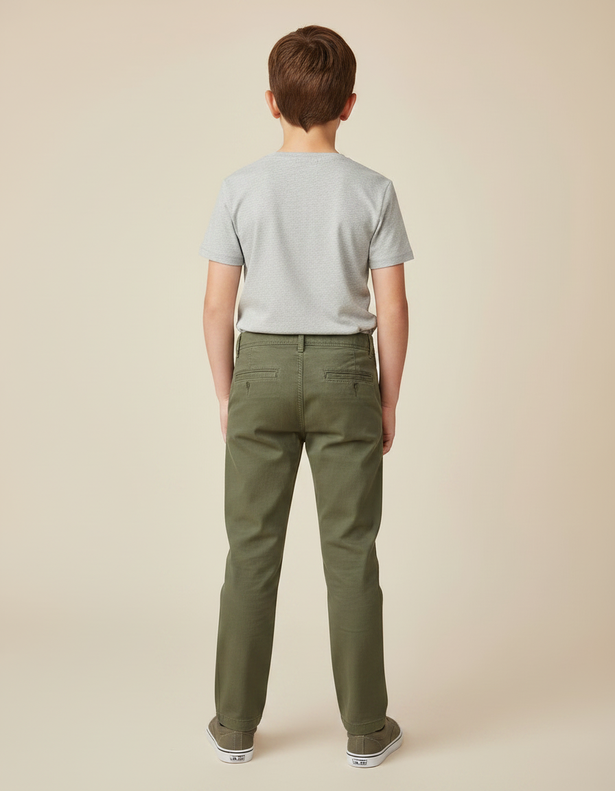 Pantalon Chino Vert Kaki Enfant Coton Décontracté - vue 2