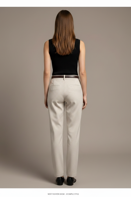Pantalon Chino Beige Laine Droit Taille Haute Élégant - vue 2