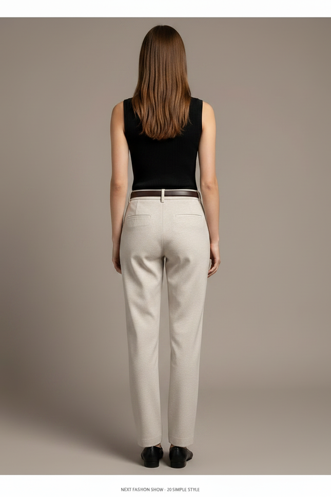 Pantalon Chino Beige Laine Droit Taille Haute Élégant - vue 2