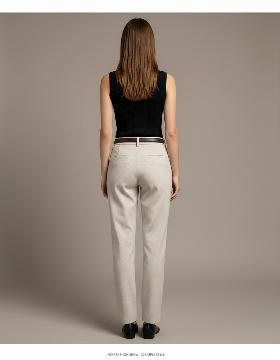 Pantalon Chino Beige Laine Droit Taille Haute Élégant - vue 2