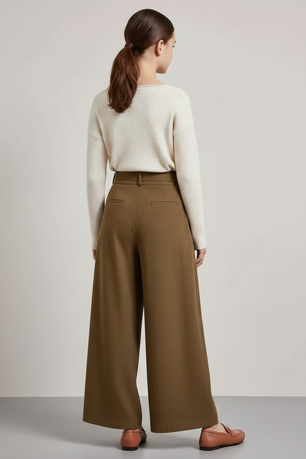 Pantalon Chino Kaki Ample Plissé Taille Haute Femme - Laine - vue 2