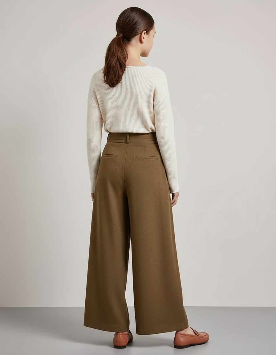 Pantalon Chino Kaki Ample Plissé Taille Haute Femme - Laine - vue 2