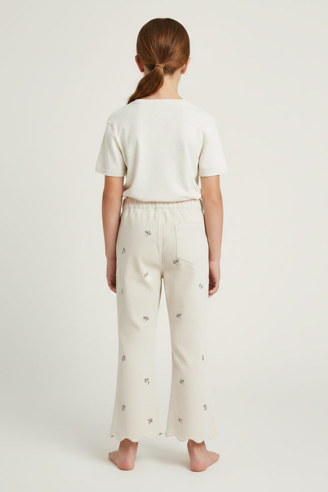 Pantalon Chino Écru Brodé Scalloped Fille Décontracté - Beige Molleton - vue 2