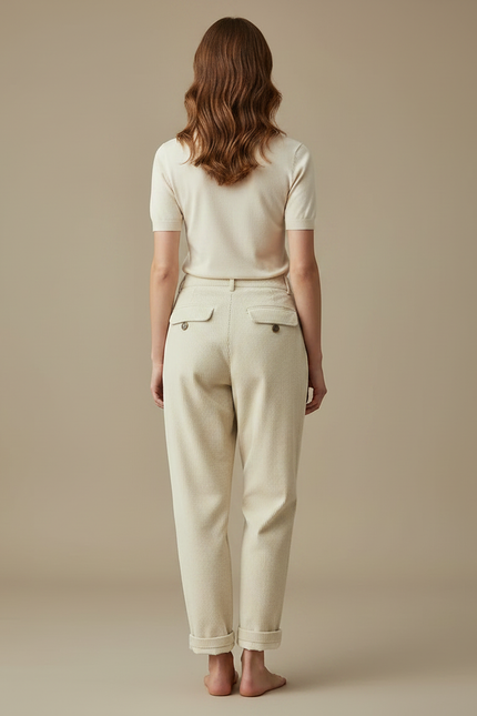 Pantalon Chino Crème Côtelé Ample Taille Haute Femme - Beige Cordé - vue 2