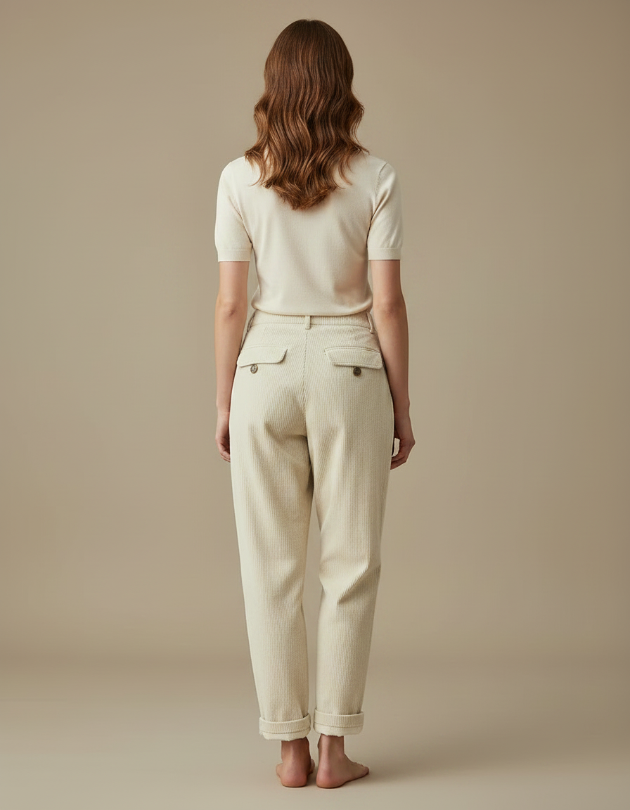 Pantalon Chino Crème Côtelé Ample Taille Haute Femme - Beige Cordé - vue 2