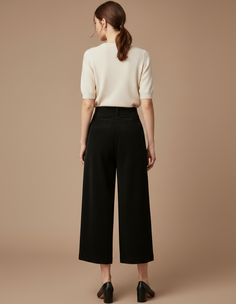 Pantalon Chino Noir Velours Côtelé Large Décontracté Femme - Cordé - vue 2