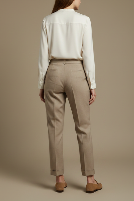 Pantalon Chino Beige Plissé Taille Haute Femme - Gabardine - vue 2