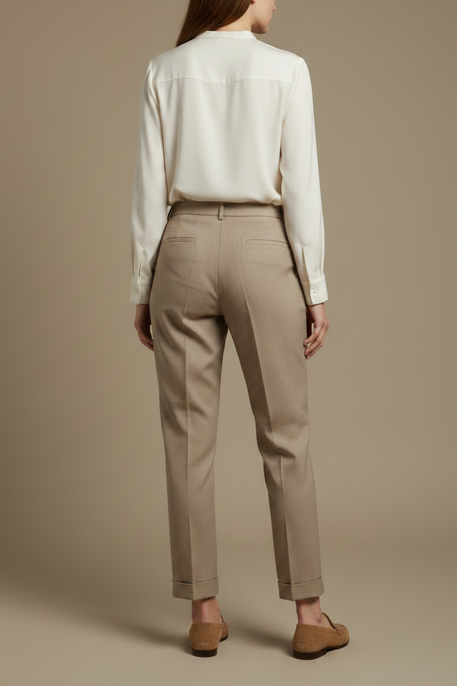 Pantalon Chino Beige Plissé Taille Haute Femme - Gabardine - vue 2