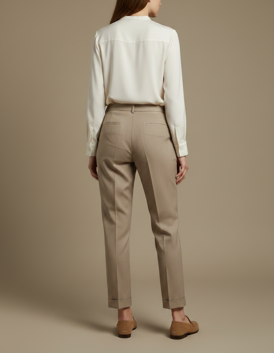 Pantalon Chino Beige Plissé Taille Haute Femme - Gabardine - vue 2