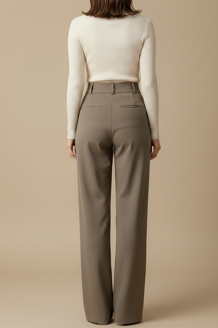 Pantalon Chino Gris Plissé Ample Taille Haute Femme - Kaki Polyester - vue 2