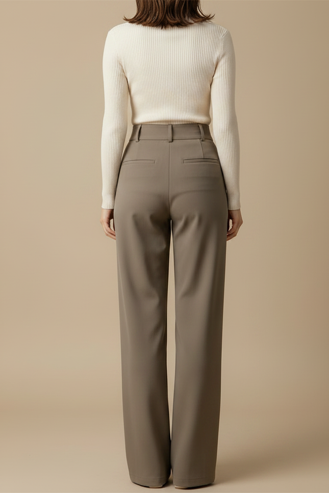 Pantalon Chino Gris Plissé Ample Taille Haute Femme - Kaki Polyester - vue 2