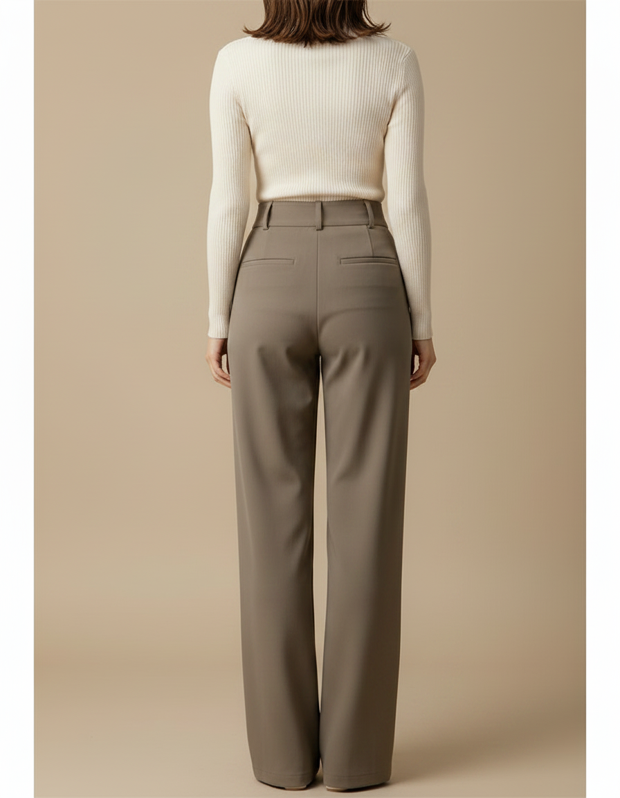 Pantalon Chino Gris Plissé Ample Taille Haute Femme - Kaki Polyester - vue 2