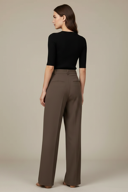 Pantalon Chino Marron Plissé Ample Taille Haute - Gabardine - vue 2
