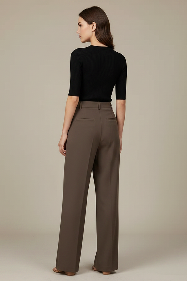 Pantalon Chino Marron Plissé Ample Taille Haute - Gabardine - vue 2