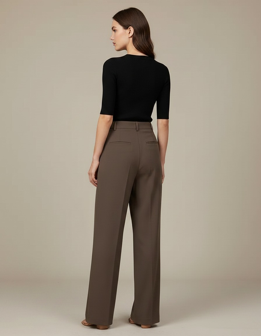 Pantalon Chino Marron Plissé Ample Taille Haute - Gabardine - vue 2