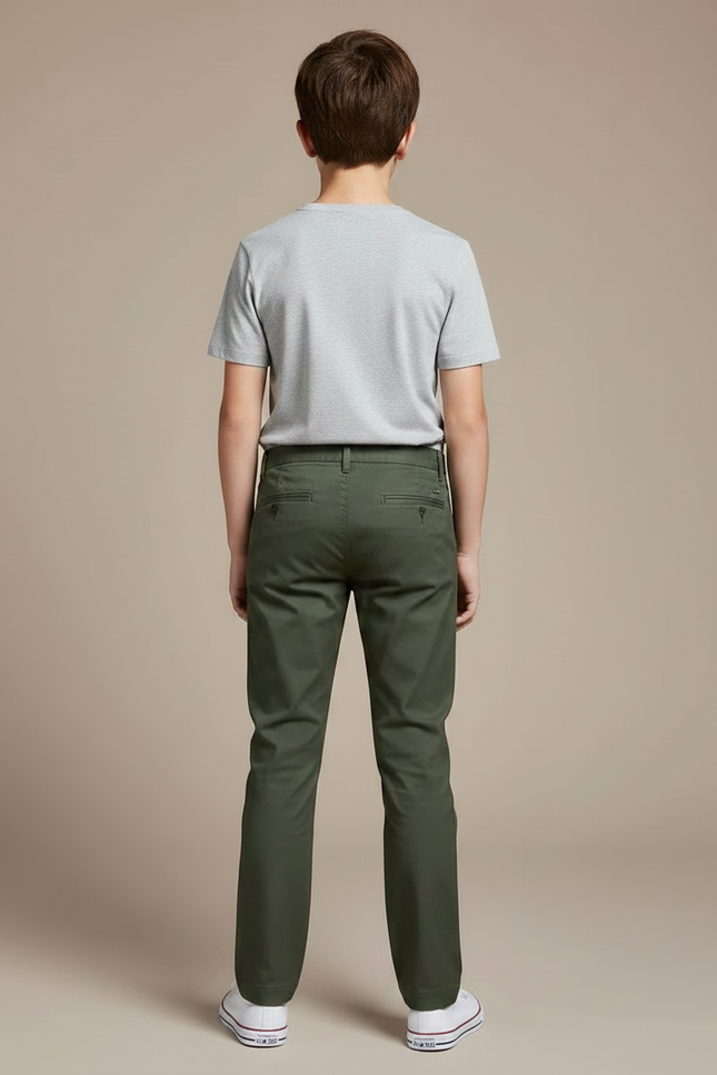 Pantalon Chino Vert Kaki Coton Droit Garçon Décontracté - vue 2