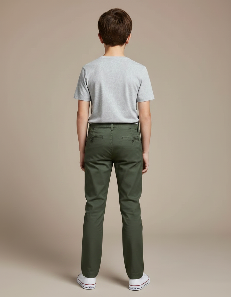 Pantalon Chino Vert Kaki Coton Droit Garçon Décontracté - vue 2