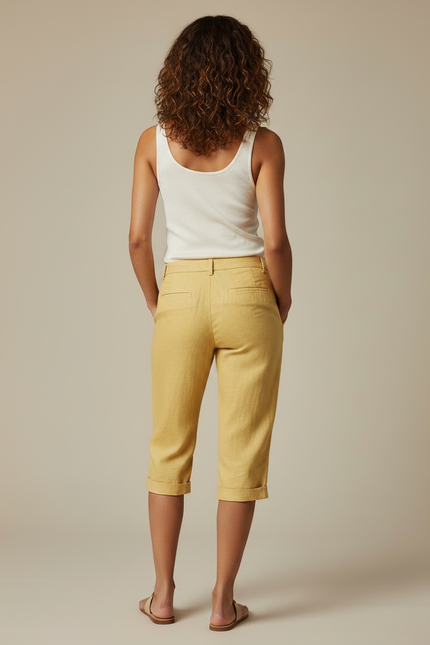 Pantalon Chino Jaune Lin Court Décontracté Femme - vue 2