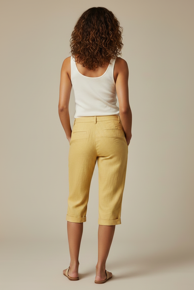 Pantalon Chino Jaune Lin Court Décontracté Femme - vue 2