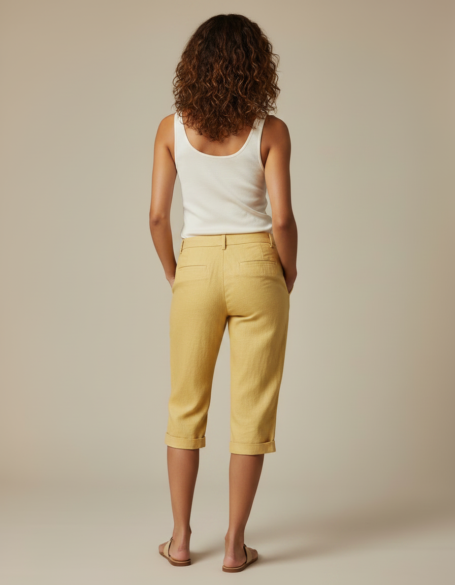 Pantalon Chino Jaune Lin Court Décontracté Femme - vue 2