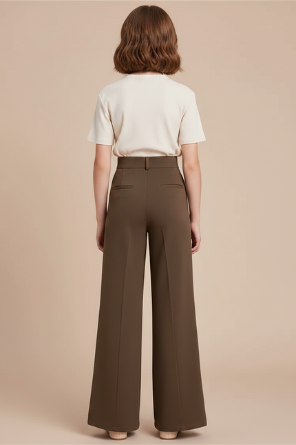 Pantalon Chino Marron Ample Taille Haute Enfant - Kaki Gabardine - vue 2