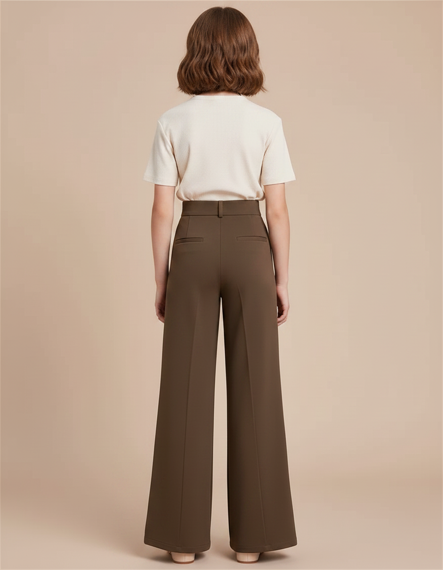 Pantalon Chino Marron Ample Taille Haute Enfant - Kaki Gabardine - vue 2