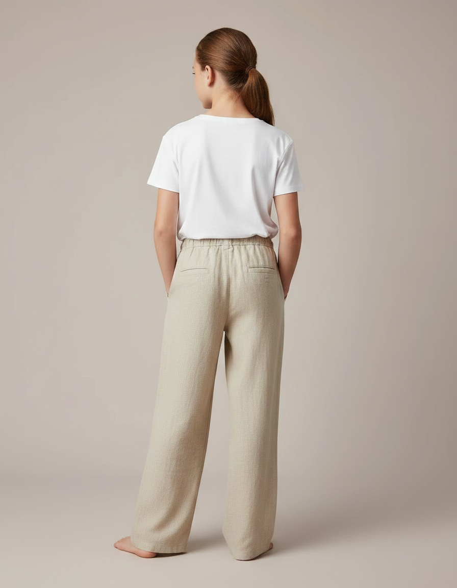 Pantalon Chino Beige Lin Droit Ample Confortable Fille - vue 2