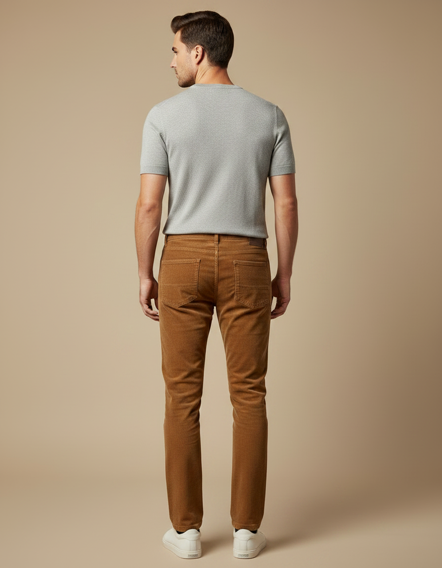 Pantalon Chino Côtelé Marron Coupe Droite Décontracté Homme - Cordé - vue 2