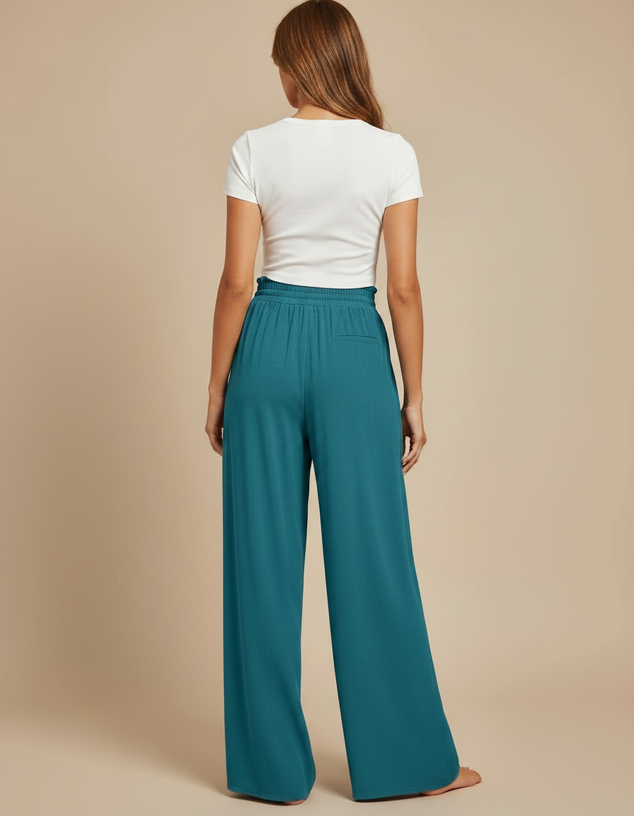 Pantalon Chino Femme Fluide Ample Taille Haute Bleu Canard - Viscose - vue 2