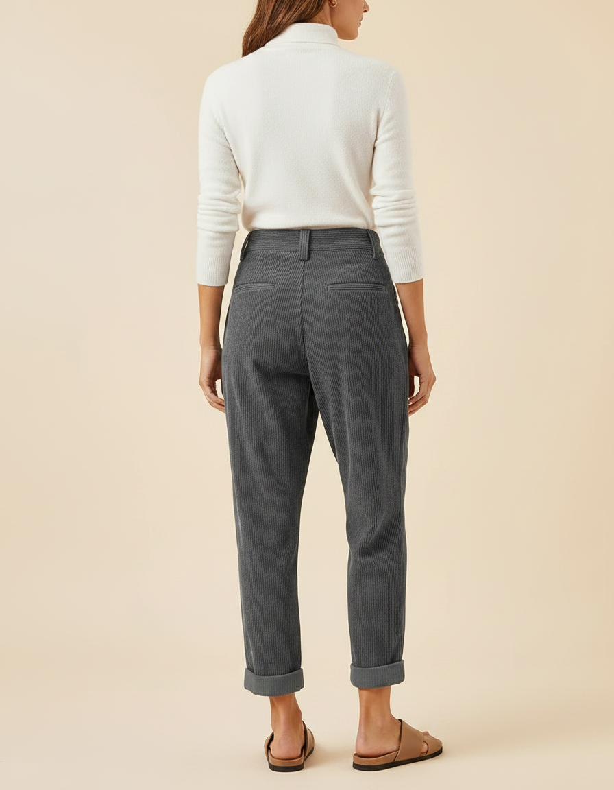 Pantalon Chino Gris Côtelé Plissé Ample Femme - Cordé - vue 2