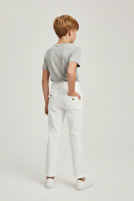 Pantalon Chino Blanc Taille Haute Boutons Dorés Élégant - Gabardine - vue 2