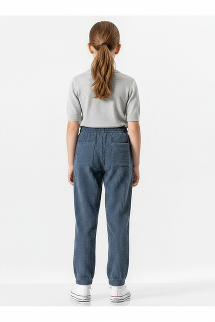 Pantalon Chino Velours Côtelé Bleu Décontracté Fille Cordon - Cordé - vue 2