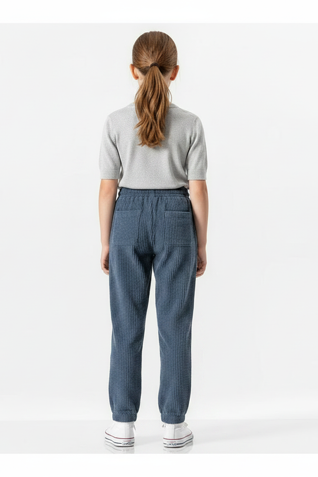 Pantalon Chino Velours Côtelé Bleu Décontracté Fille Cordon - Cordé - vue 2