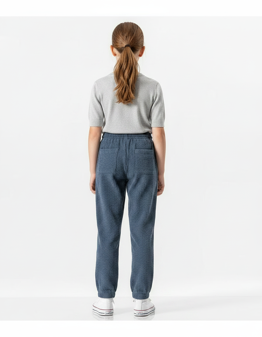 Pantalon Chino Velours Côtelé Bleu Décontracté Fille Cordon - Cordé - vue 2