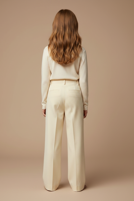 Pantalon Chino Crème Plissé Ample Droit Élégant - Beige Gabardine - vue 2