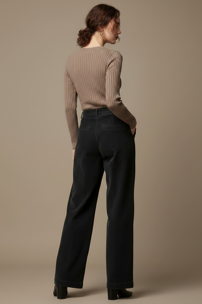 Pantalon Chino Velours Côtelé Noir Ample Femme - Cordé - vue 2