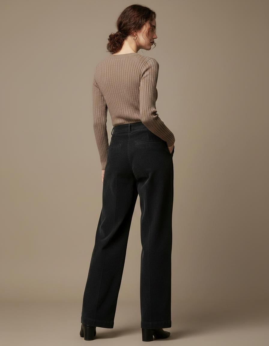 Pantalon Chino Velours Côtelé Noir Ample Femme - Cordé - vue 2
