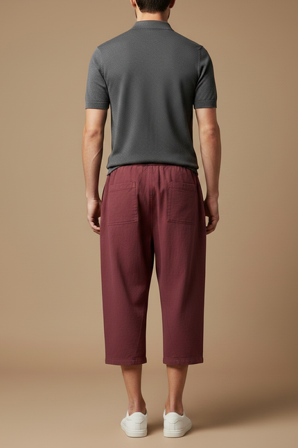 Pantalon Chino Homme Ample Lin Coton Court Bordeaux - vue 2
