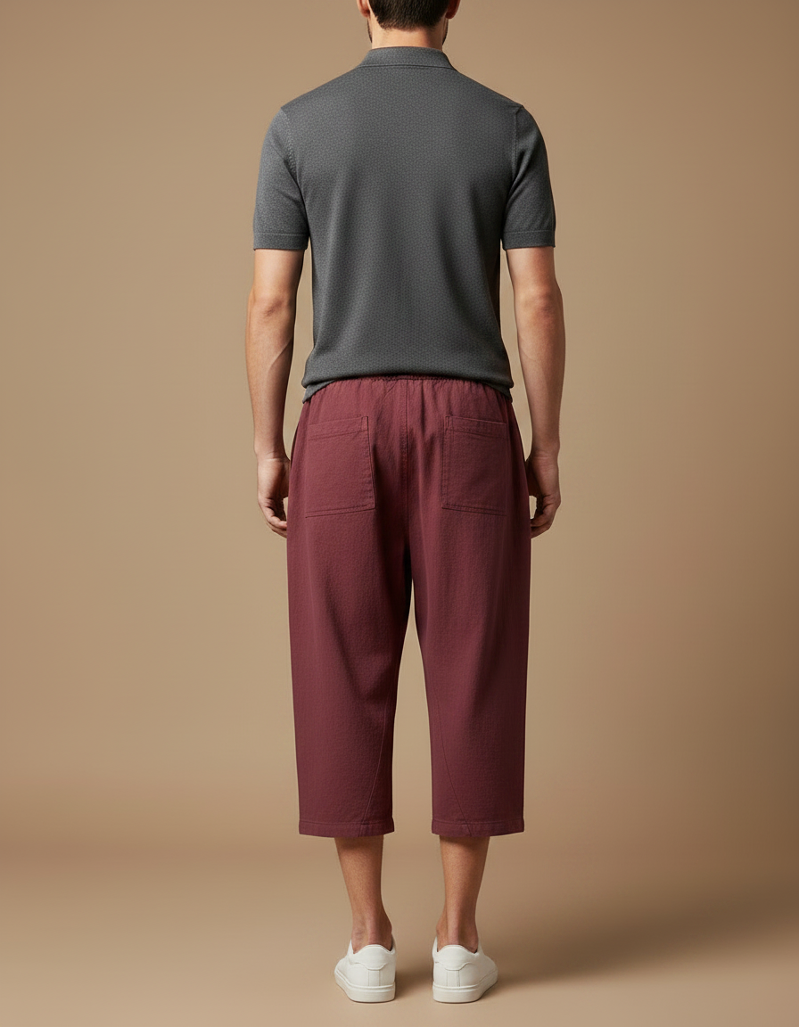 Pantalon Chino Homme Ample Lin Coton Court Bordeaux - vue 2