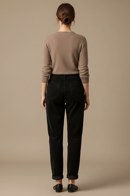 Pantalon Chino Noir Côtelé Ample Taille Haute Femme - Cordé - vue 2