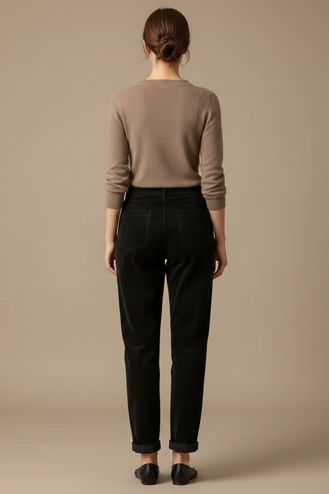 Pantalon Chino Noir Côtelé Ample Taille Haute Femme - Cordé - vue 2