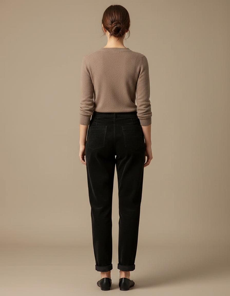 Pantalon Chino Noir Côtelé Ample Taille Haute Femme - Cordé - vue 2